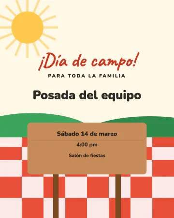 Día de campo de la empresa. Mantel a cuadros, sol y un letrero de madera.