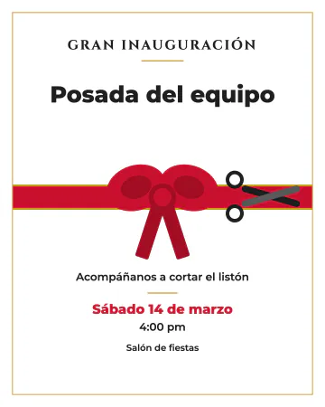 Corte de listón. Un listón rojo con moño listo para cortarse, sobre blanco con detalles dorados.