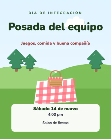 Día de integración. Un día de campo con pinos, colinas, mantel y canasta.