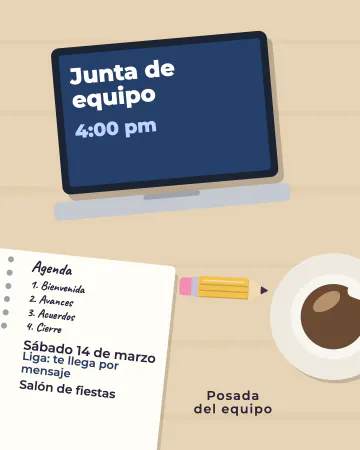 Escritorio de la junta. Tu escritorio desde arriba: laptop abierta, café y libreta.