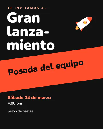 Gran lanzamiento. Un cohete y letras enormes en negro y naranja.