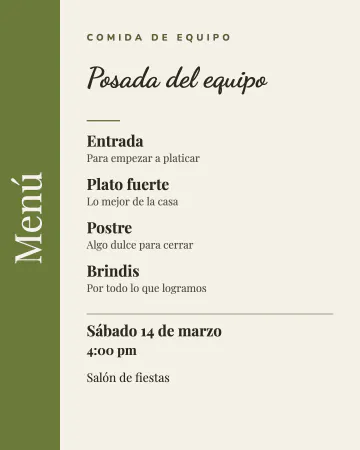 Comida de equipo. Como el menú de un restaurante, de la entrada al brindis.