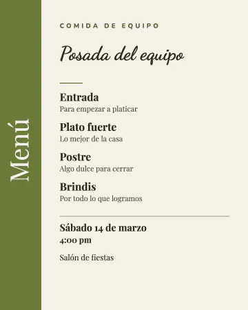 Comida de equipo. Como el menú de un restaurante: entrada, plato fuerte, postre y brindis, con una franja verde olivo.