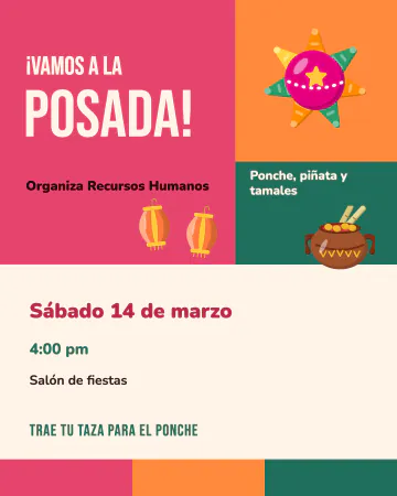 Posada en bloques de color. Bloques de rosa mexicano, naranja y verde con una estrella de piñata.