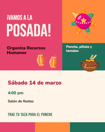 Vamos a la posada. Rosa mexicano, naranja y verde con una piñata.