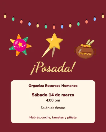 Posada con luces. Tinto con una serie de luces de colores, estrella dorada y tarjeta crema.