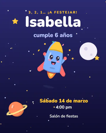 Despegue. Un cohete con carita despegando en una noche llena de estrellas.