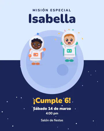 Misión cumpleaños. Mitad cielo, mitad espacio, con un planeta enorme y dos astronautas.
