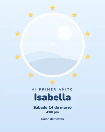 Foto del bebé. La foto del bebé en un círculo rodeado de estrellitas, en azul y amarillo suave.