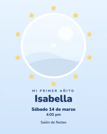 Foto del bebé. La foto del bebé rodeada de estrellitas, en azul y amarillo suave.