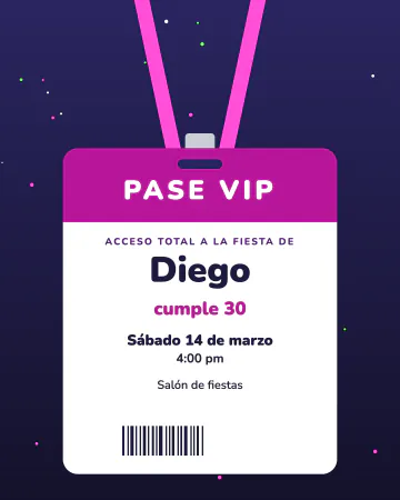 Pase VIP. Un gafete VIP colgando de su cordón, con "Acceso total" y código de barras.