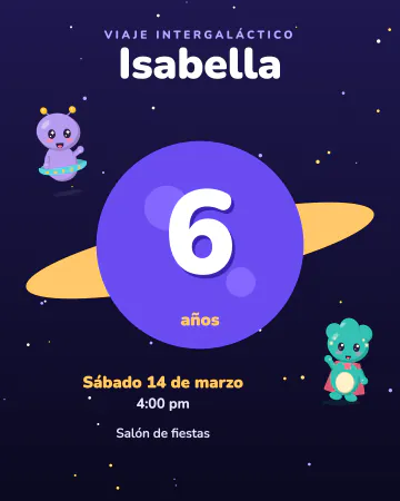 Planeta de cumpleaños. Un planeta enorme con anillo lleva la edad en grande, y dos aliens tiernos flotan alrededor.