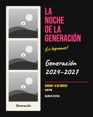 Tira de fotos de la generación. Una tira de tres fotos como de cabina, con letras rosas sobre negro.