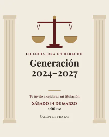 Licenciatura en Derecho. Una balanza entre columnas, en crema y vino.