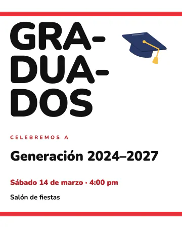¡Graduados!. Letras enormes en negro con franjas rojas y un birrete encima.