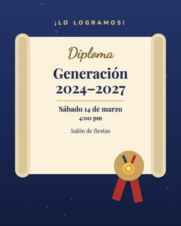 Diploma enrollado. Un diploma con las puntas enrolladas, listón rojo y sello dorado sobre azul marino.