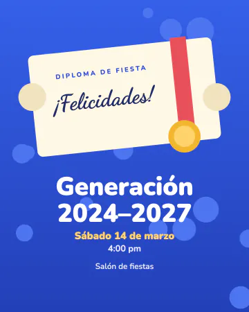 Diploma. Un diploma inclinado con listón y medalla sobre azul rey.