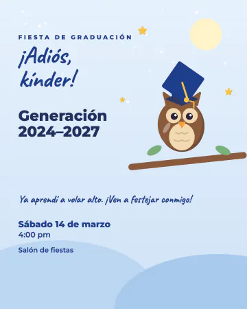 El búho sabio del kínder. Un búho con birrete bajo un cielo de estrellitas.