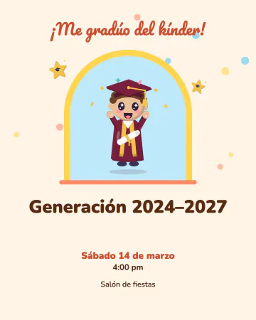 Pequeño gran graduado. Un niño con toga y birrete dentro de un arco de colores suaves.