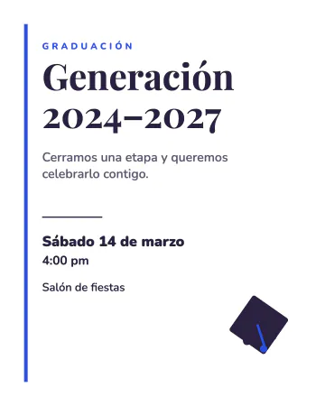 Graduación minimal. Barra de color, texto a la izquierda y un birrete abajo.