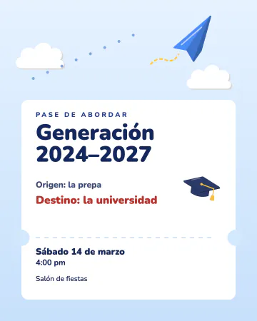 Próximo destino. Un pase de abordar con destino a la universidad y un avioncito de papel.