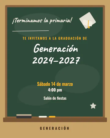 Pizarrón de fin de curso. Escrita en el pizarrón con gis, con su marco de madera.