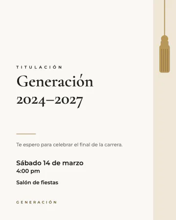 Titulación minimal. Mucho espacio en blanco, letras finas y una borla dorada.