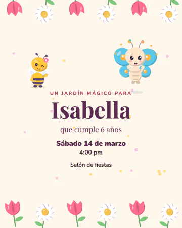 Jardín encantado. Marco de tulipanes y margaritas con una mariposa y una abejita.