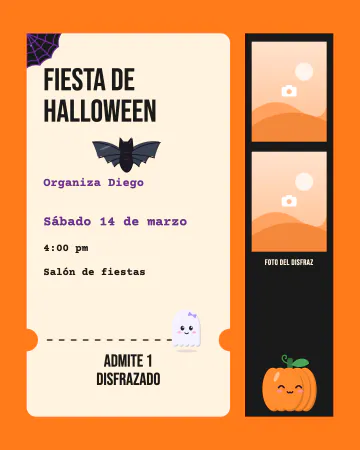 Pase de disfraces. Un boleto de entrada a la fiesta de Halloween, con murciélago, telaraña, fantasmita, calabaza y tira de fotos para pres…