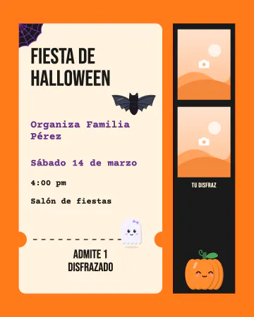 Pase de disfraces. Un boleto de entrada con espacio para la foto del disfraz, murciélago y calabaza.