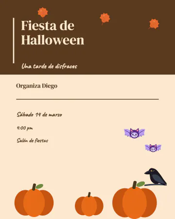 Huerto de calabazas. Calabazas, murciélagos, un cuervo y hojas de otoño en tonos cálidos.