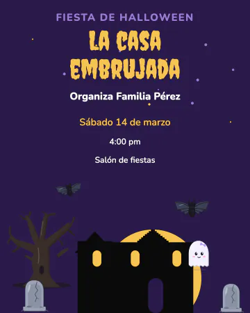 La casa embrujada. Una casona oscura con luna llena, lápidas y un fantasmita.