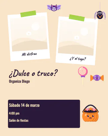 ¿Dulce o truco?. Fotos con cinta, dulces, un murciélago, una araña y una cubeta de calabaza, como recortes pegados.