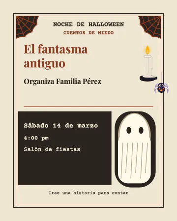 Cuentos de miedo. Un fantasma de sábana, telarañas y una vela, como cartel antiguo.