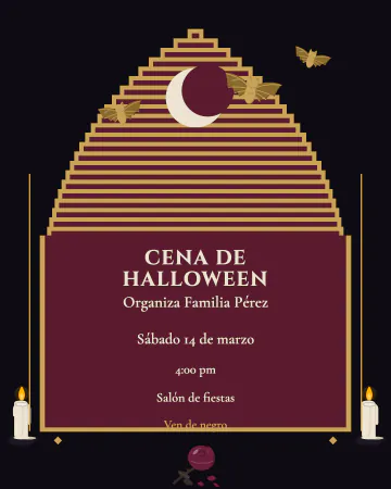 Ventana gótica. Luna, velas y una rosa marchita en negro y vino.