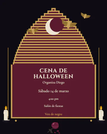 Gótico de medianoche. Negro, vino y dorado con una ventana gótica, luna, murciélagos, velas y una rosa marchita.
