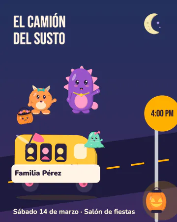 El camión del susto. El camión escolar sale de noche con los monstruos en el techo y en la ventana.
