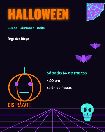 Halloween de neón. Una calabaza de luces de neón, murciélagos, telaraña y calavera sobre rejilla ochentera.