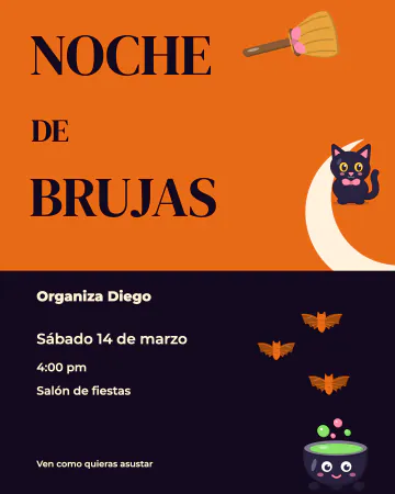 Noche de brujas. Letras enormes de "Noche de brujas" en naranja y negro, con luna, gatito negro, escoba, murciélagos y caldero.
