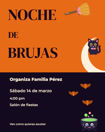 Noche de brujas. Letras enormes en naranja y negro, gatito negro, escoba y caldero.