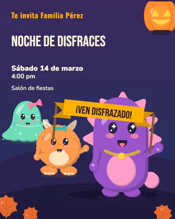 Desfile de monstruos. Tres monstruitos desfilan de noche por la calle cargando la manta de la fiesta.