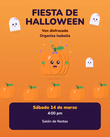 Noche de disfraces. Fantasmitas, calabazas sonrientes y una calabacita amiga sobre naranja.
