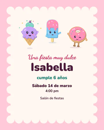 Una fiesta muy dulce. Marco ondulado como galleta con helado, paleta y dona con carita.