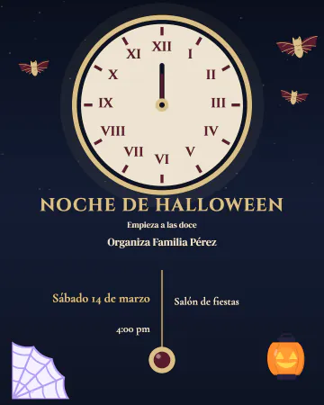 Cuando den las doce. Un reloj antiguo marcando la medianoche, murciélagos y telarañas.