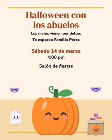 Halloween con los abuelos. Letra grande y clara, calabaza y bolsa de dulces.