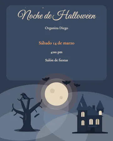 Bruma de acuarela. Una luna y bruma pintadas en acuarela azul grisácea, con una casona embrujada, un árbol seco, un cuervo y murciélagos.