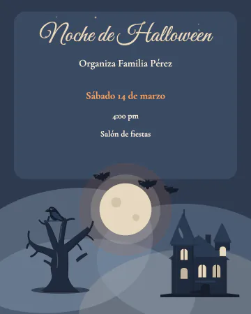 Luna en acuarela. Una casona y un árbol seco bajo la luna, pintados en acuarela azul.