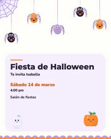 Arañitas colgantes. Cinco arañitas sonrientes cuelgan de hilos de distintos largos sobre fondo blanco, con telaraña, calabaza y fantasmita.