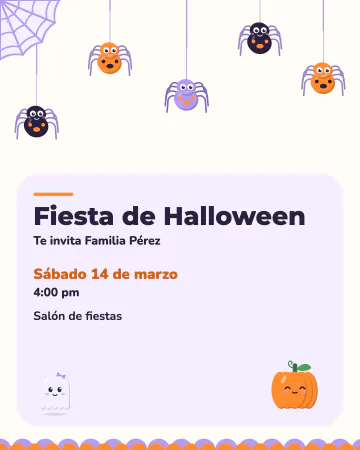 Arañitas colgando. Cinco arañitas sonrientes cuelgan de su hilo, con calabaza y fantasmita.