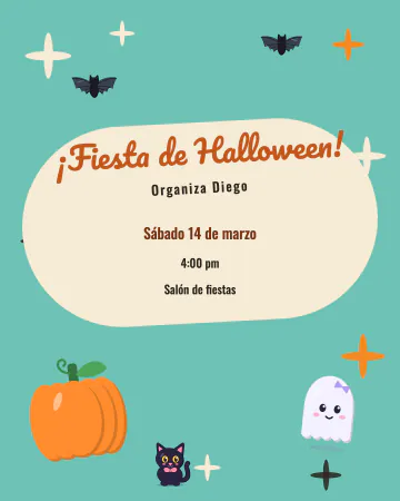 Halloween atómico. Estrellas de cuatro puntas, un recuadro color crema, una calabaza, un fantasmita, un gatito negro y murciélagos sobre f…
